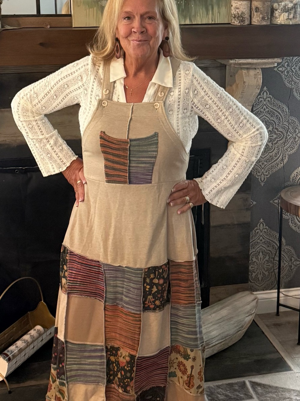 Boho Patchwork Apron Maxi Dress in Beige